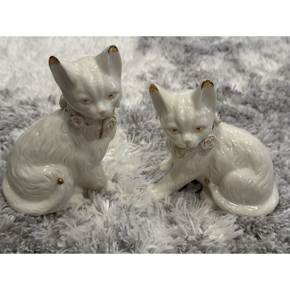 Vtg Formalities Baum Bros White Porcelain Kitten Cats Set Rose Collar Gold Trim
